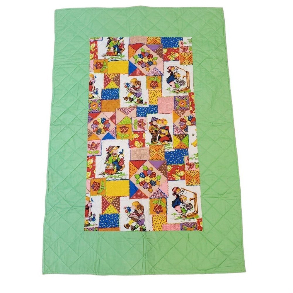 Vintage 70s Patchwork Green Retro Baby Blanket Quilt Crib Comforter Floral 35x53
